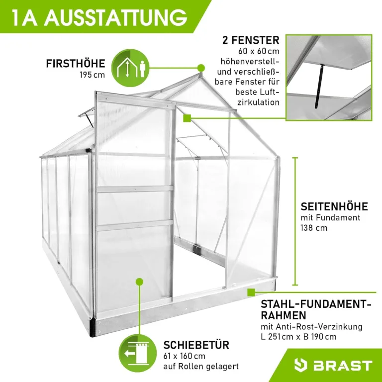 BRAST Gewächshaus Aluminium mit Fundament | 42 Modelle | 130x190x195cm - 490x250x235cm | TÜV geprüft | 6mm Hohlkammerplatten | rostfrei wetterfest temperaturbeständig | 250x190x195cm Silber – Bild 7