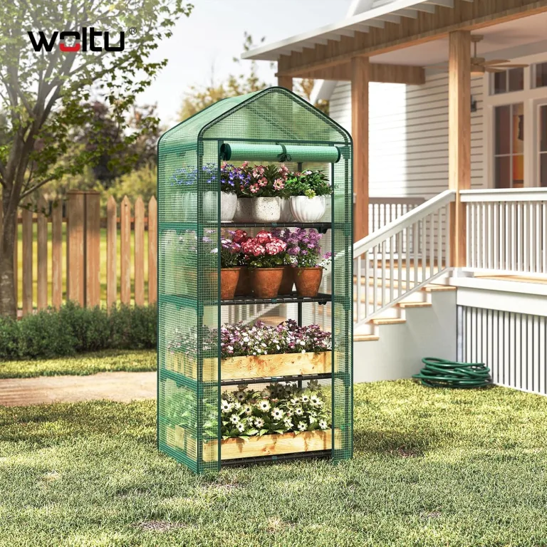 WOLTU Gewächshaus, Foliengewächshaus für Balkon Garten Terrasse, Tomatengewächshaus mit 4 Ablagen Tür, Winterfest stabil platzsparend, 69 x 158 x 49 cm, Grün – Bild 7