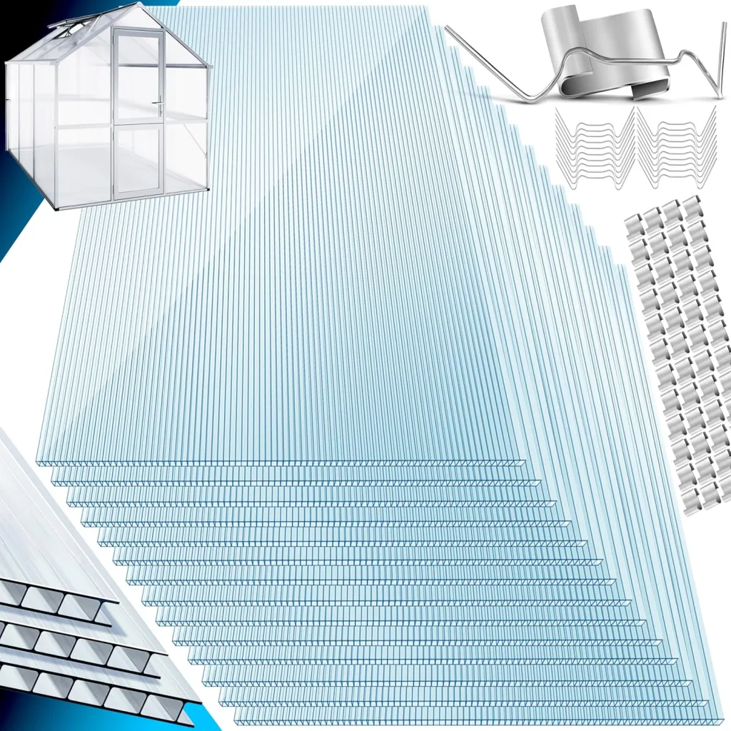 KESSER® 14x Polycarbonat Hohlkammerstegplatten 4mm | 10,25m² Doppelstegplatte - 60,5 x 121 | Stegplatten UV-beständig Für Gewächshaus Gartenbau Carports | 50xKlammern, 50xZ-Clips & 30xGewächshausclips
