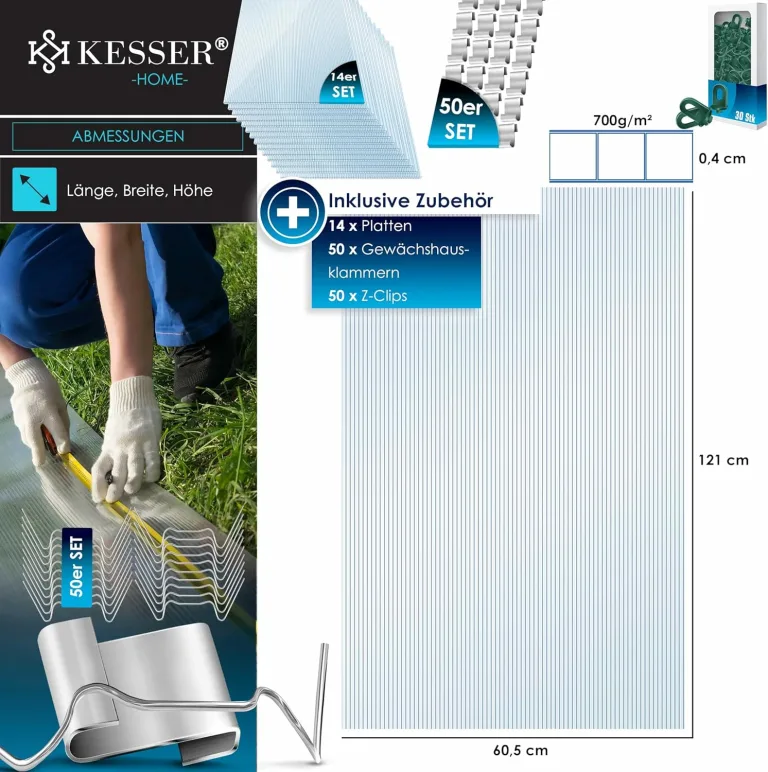 KESSER® 14x Polycarbonat Hohlkammerstegplatten 4mm | 10,25m² Doppelstegplatte - 60,5 x 121 | Stegplatten UV-beständig Für Gewächshaus Gartenbau Carports | 50xKlammern, 50xZ-Clips & 30xGewächshausclips – Bild 8