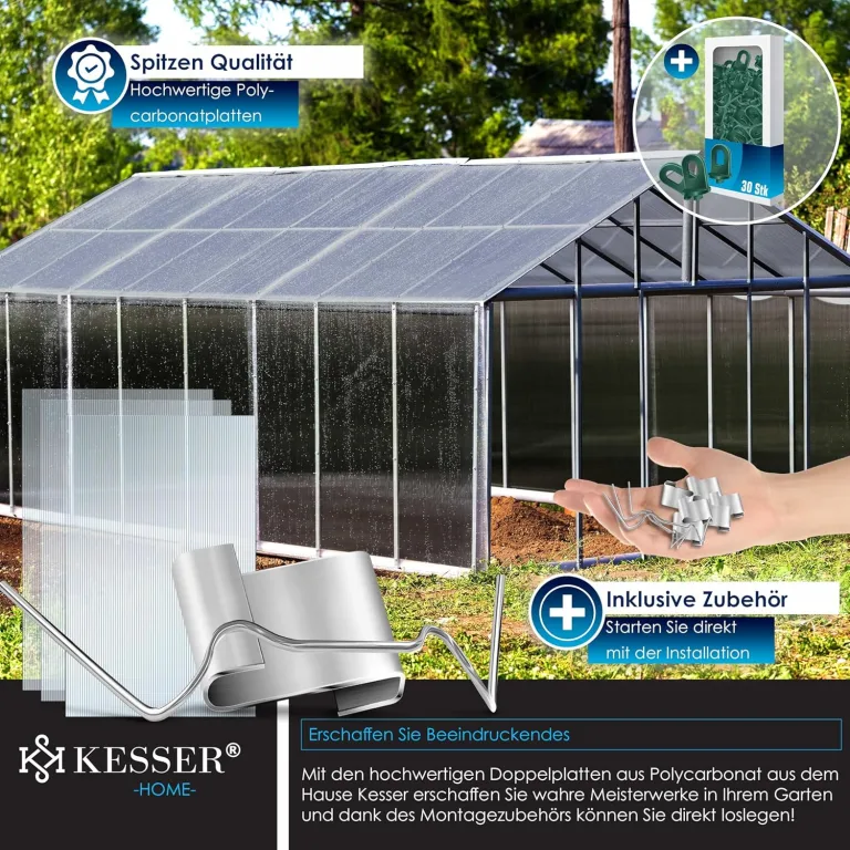 KESSER® 14x Polycarbonat Hohlkammerstegplatten 4mm | 10,25m² Doppelstegplatte - 60,5 x 121 | Stegplatten UV-beständig Für Gewächshaus Gartenbau Carports | 50xKlammern, 50xZ-Clips & 30xGewächshausclips – Bild 9