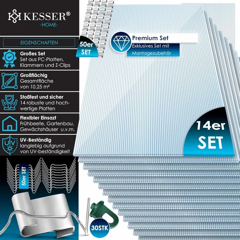 KESSER® 14x Polycarbonat Hohlkammerstegplatten 4mm | 10,25m² Doppelstegplatte - 60,5 x 121 | Stegplatten UV-beständig Für Gewächshaus Gartenbau Carports | 50xKlammern, 50xZ-Clips & 30xGewächshausclips – Bild 3