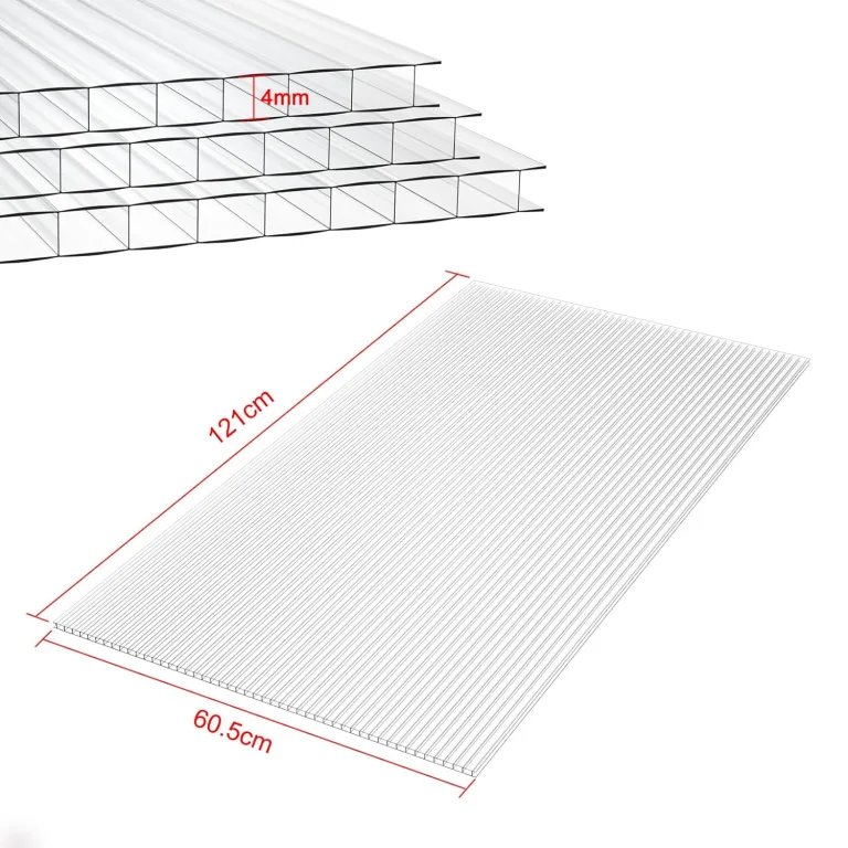UISEBRT 14x Polycarbonat Hohlkammerstegplatten 4mm - 10,25 m² Doppelstegplatte 60,5 x 121 cm UV-beständigen für Gewächshaus Gartenbau Carports usw (Transparent) – Bild 2