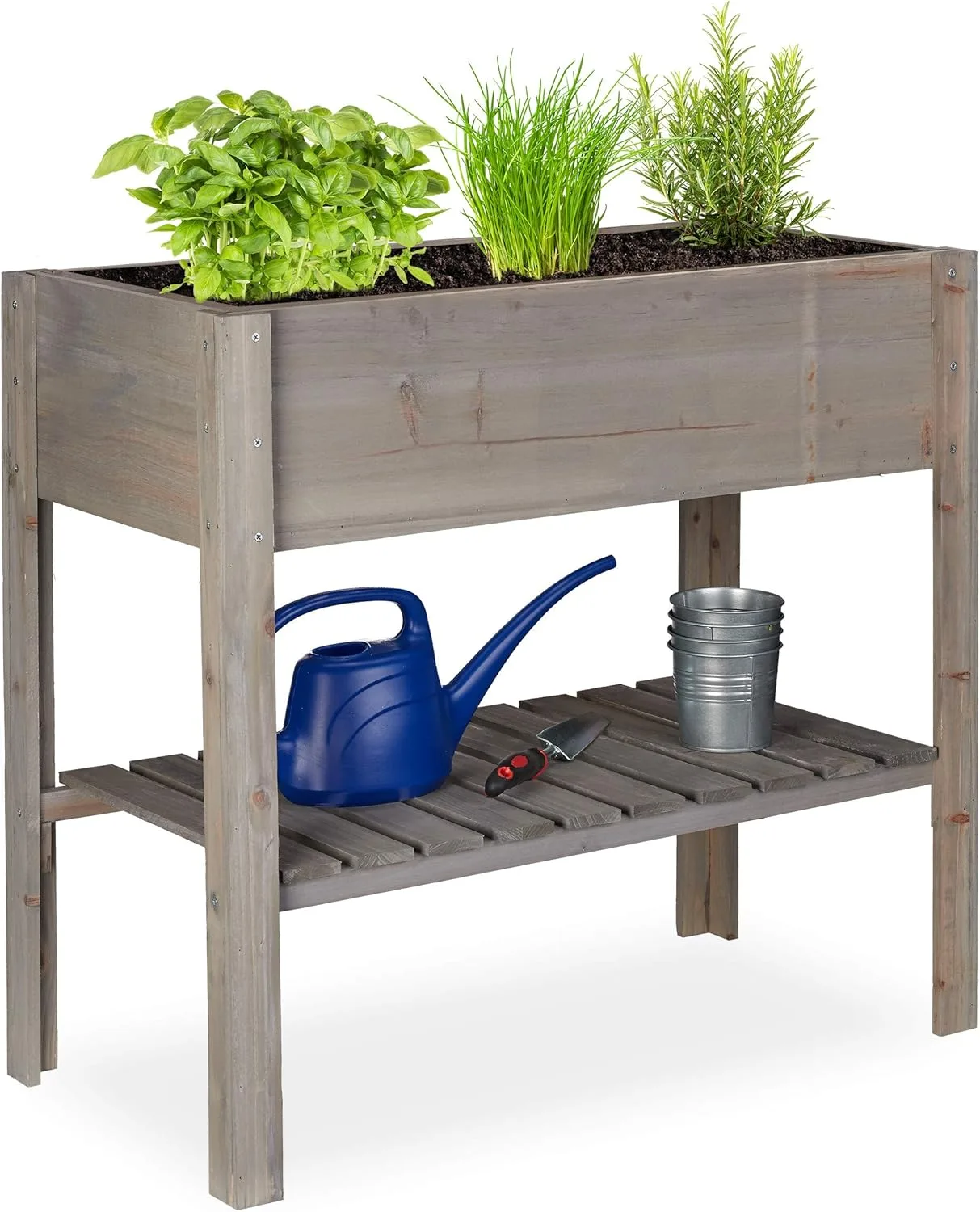 Relaxdays Hochbeet Holz, Ablagefach, Pflanzkasten Balkon, Terrasse, Garten, Kräuterbeet, HBT 80 x 88 x 43,5 cm, grau - Bild 1