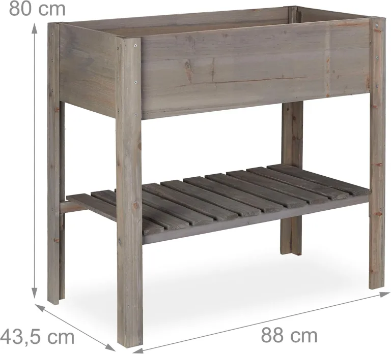 Relaxdays Hochbeet Holz, Ablagefach, Pflanzkasten Balkon, Terrasse, Garten, Kräuterbeet, HBT 80 x 88 x 43,5 cm, grau – Bild 4