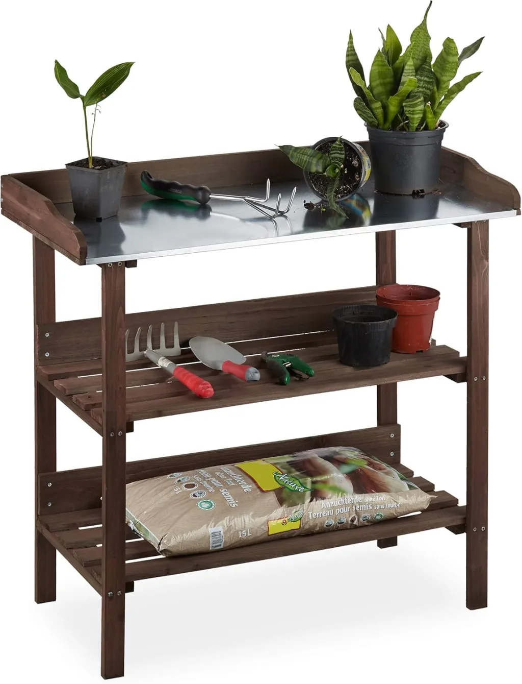 Relaxdays Pflanztisch, Gärtnertisch mit 3 Ebenen, Gewächshaus, Garten, Balkon & Terrasse, Holz, 86x92x42 cm, dunkelbraun