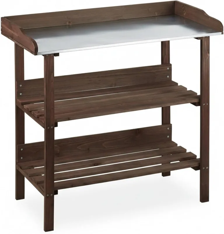 Relaxdays Pflanztisch, Gärtnertisch mit 3 Ebenen, Gewächshaus, Garten, Balkon & Terrasse, Holz, 86x92x42 cm, dunkelbraun – Bild 9