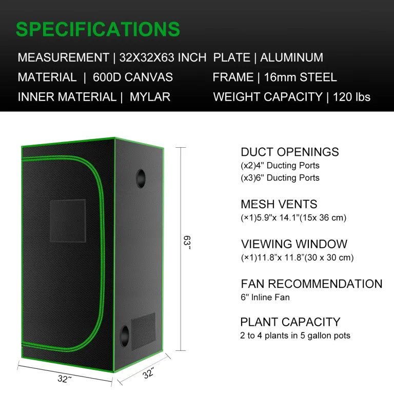 Grow-Zelt, hochreflektierendes 600D-Diamant-Mylar-Gewebe mit Beobachtungsfenster und Bodenschale für hydroponischen Indoor-Pflanzenanbau, 81,3 x 81,3 x 160 cm – Bild 7