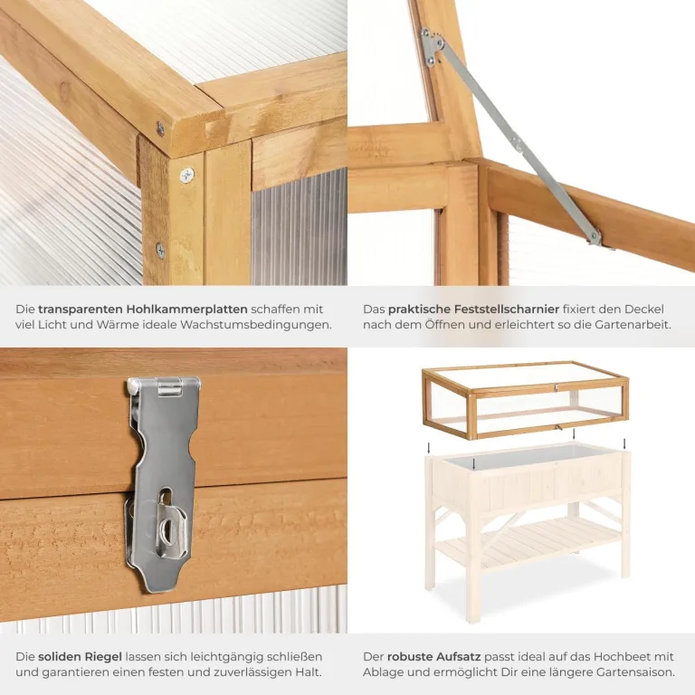 tectake® Frühbeet Aufsatz aus Holz, witterungsbeständig, Schutz vor Wind und Wetter, Frühbeetaufsatz mit funktionellen Hohlkammerplatten, 115 x 53 x 34 cm, kombinierbar Hochbeet 403232 – Bild 5