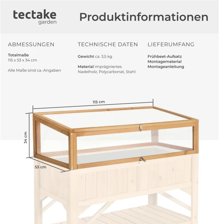 tectake® Frühbeet Aufsatz aus Holz, witterungsbeständig, Schutz vor Wind und Wetter, Frühbeetaufsatz mit funktionellen Hohlkammerplatten, 115 x 53 x 34 cm, kombinierbar Hochbeet 403232 – Bild 7