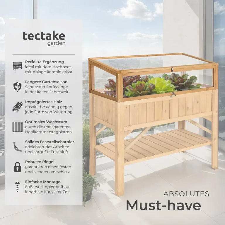 tectake® Frühbeet Aufsatz aus Holz, witterungsbeständig, Schutz vor Wind und Wetter, Frühbeetaufsatz mit funktionellen Hohlkammerplatten, 115 x 53 x 34 cm, kombinierbar Hochbeet 403232 – Bild 3