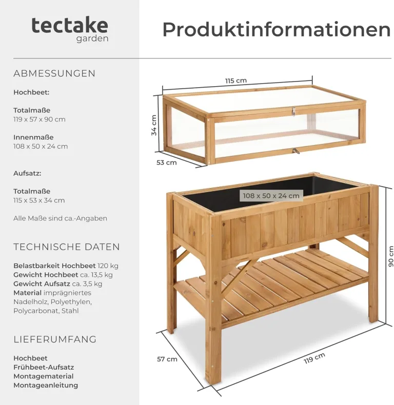 tectake® Frühbeet Aufsatz aus Holz, witterungsbeständig, Schutz vor Wind und Wetter, Frühbeetaufsatz mit funktionellen Hohlkammerplatten, 115 x 53 x 34 cm, kombinierbar Hochbeet 403232 – Bild 6