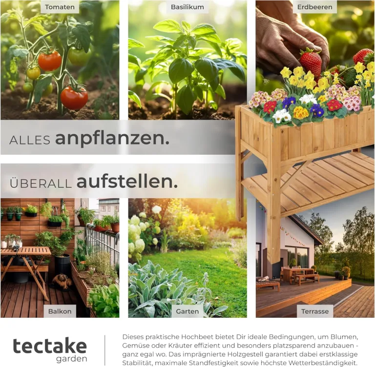 tectake® Hochbeet aus Holz mit Ablagefach, für Garten, Balkon und Terrasse, Innenleben mit Pflanzfolie ausgestattet, witterungsbeständig, 119 x 53 x 90 cm – Bild 5