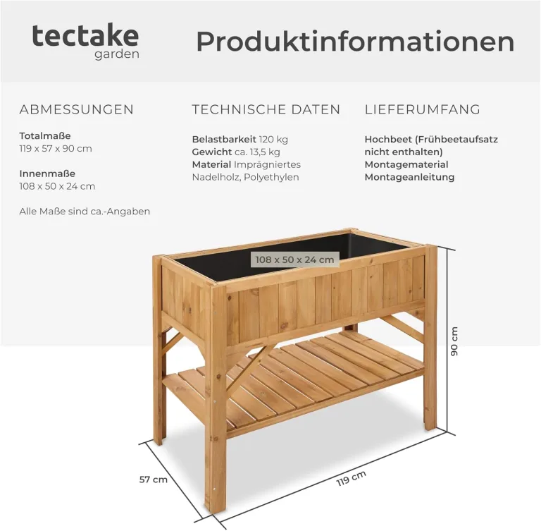 tectake® Hochbeet aus Holz mit Ablagefach, für Garten, Balkon und Terrasse, Innenleben mit Pflanzfolie ausgestattet, witterungsbeständig, 119 x 53 x 90 cm – Bild 6