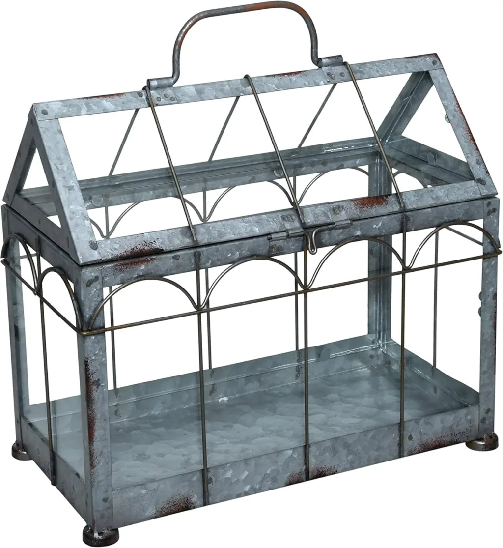 Esschert Design Gewächshaus m. verschließbarem Deckel, Pflanzenhaus Größe S, 29,3 x 15,4 x 26,4 cm, Eisen/Glas mit Tragegrifff, stabile Standfüße