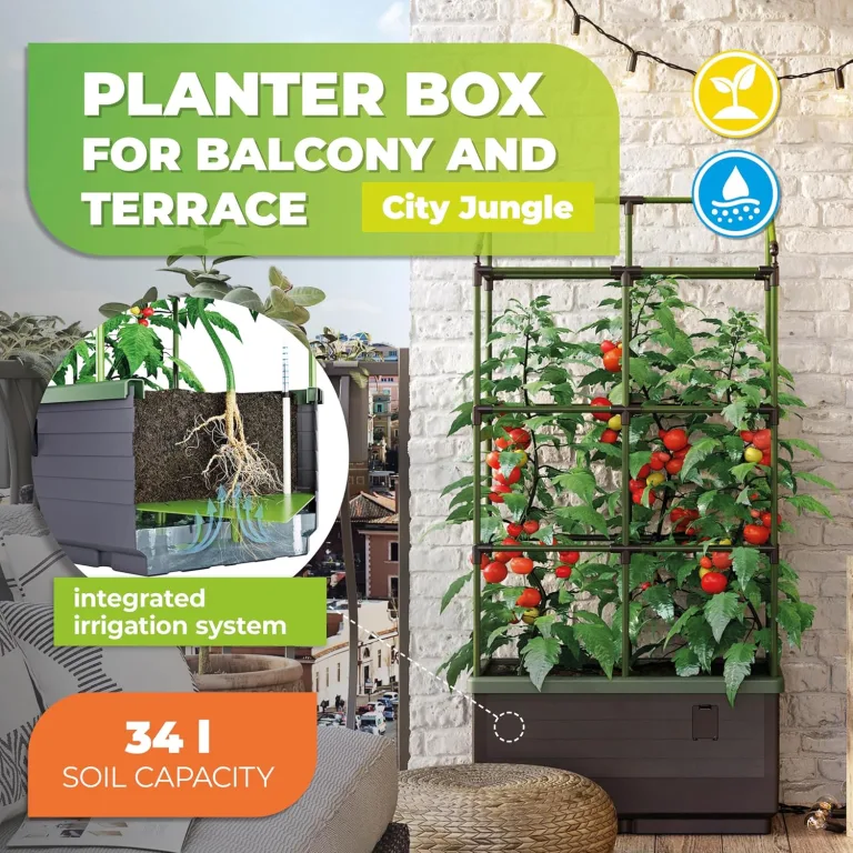 Bio Green Pflanzkübel CITYJUNGLE | Hochbeet für Balkon und Terrasse | Wasserspeicher und Rankhilfe integriert | Blumenkasten für Gemüse und Kräuter | 62 x 33 x 128 cm – Bild 2