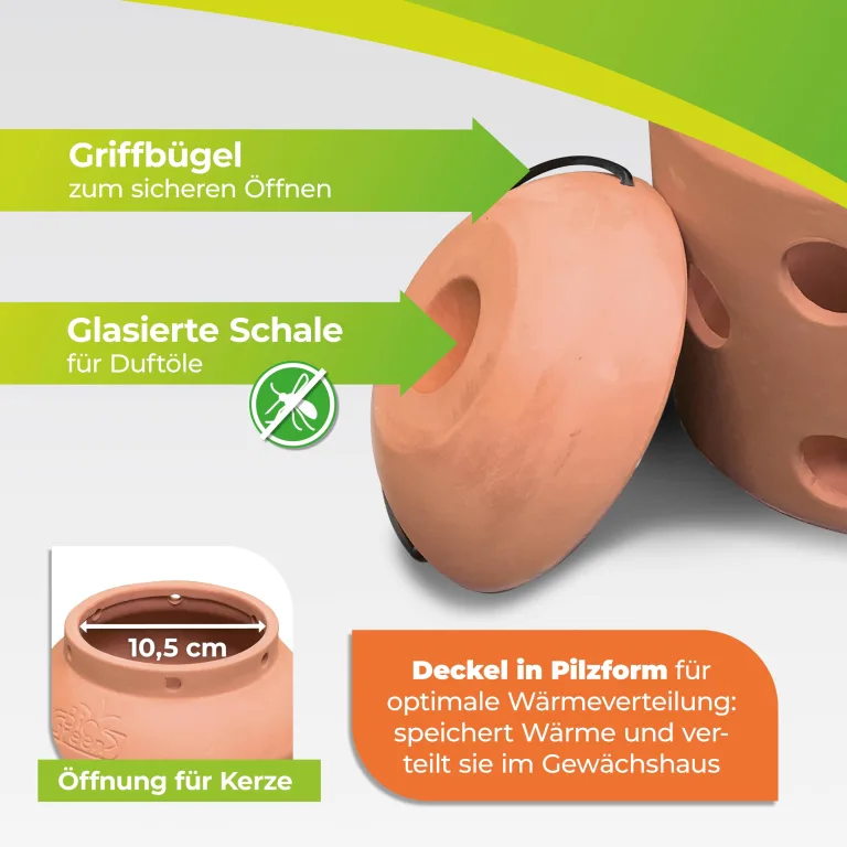 BioGreen Terracotta-Frostwächter Firefly | für kleine Gewächshäuser und Frühbeete | glasierte Ölschale im Deckel | Pilzform | ideal auch als Deko – Bild 5