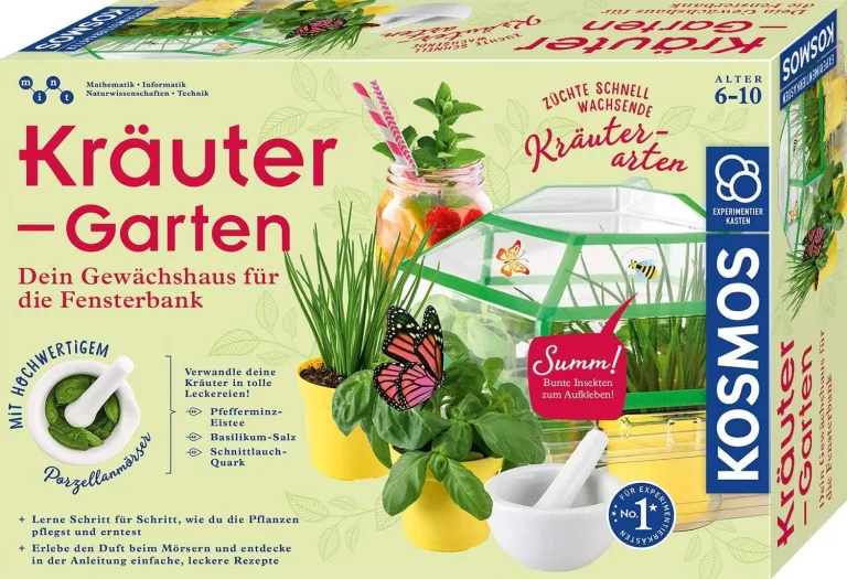 KOSMOS 632090 - Kräuter-Garten, Züchte duftende Kräuter auf der Fensterbank, Mit Gewächshaus und Mörser aus Porzellan, Experimentierkasten für Kinder ab 6 Jahre – Bild 1