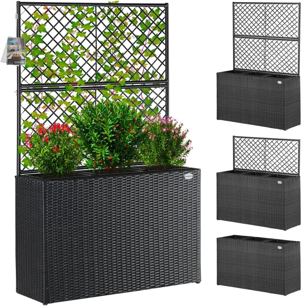 Casaria® Blumenkasten Rankgitter 3 Innentöpfe Polyrattangeflecht Rankhilfe Blumentopf Rattanoptik Pflanzkasten Schwarz