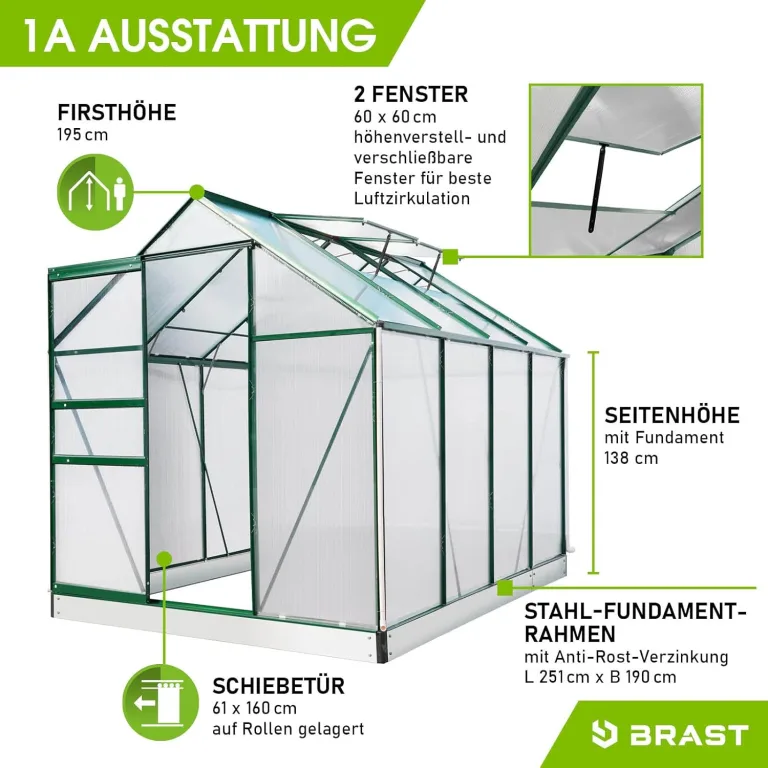 BRAST Gewächshaus Aluminium mit Fundament | 42 Modelle | 130x190x195cm - 490x250x235cm | TÜV geprüft | 6mm Hohlkammerplatten | rostfrei wetterfest temperaturbeständig | 250x190x195cm Grün – Bild 7