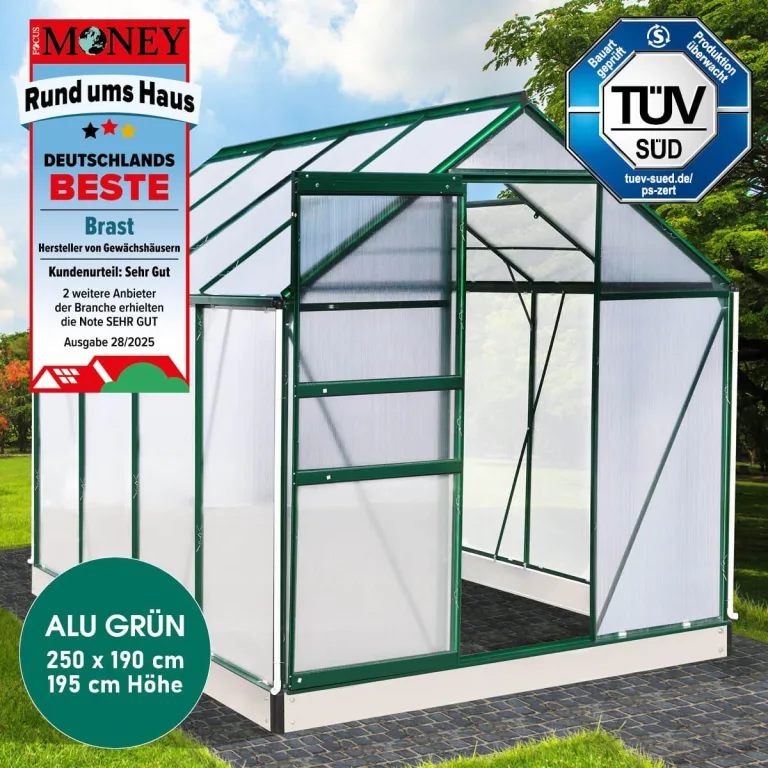 BRAST Gewächshaus Aluminium mit Fundament | 42 Modelle | 130x190x195cm - 490x250x235cm | TÜV geprüft | 6mm Hohlkammerplatten | rostfrei wetterfest temperaturbeständig | 250x190x195cm Grün – Bild 3