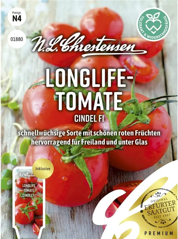 Chrestensen Longlife-Tomate Cindel F1 Samen - Resistent Früh 130g - Freiland Gewächshaus - Lange Haltbar Lagerfähig - Lycopersicon Saatgut - TMV Fusarium Verticillium - Robuste Freilandtomate Salat – Bild 2