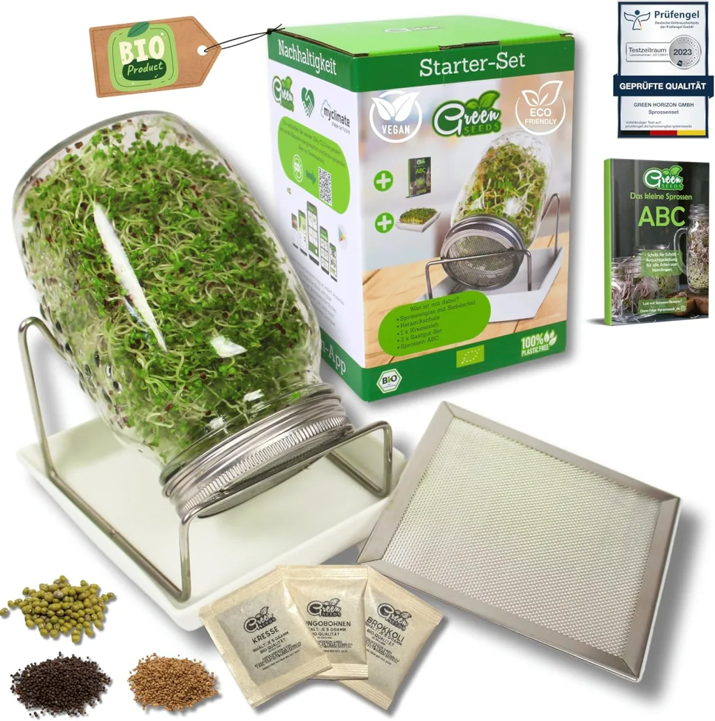 [Das Original Sprossenglas Starter-Set + KRESSESIEB | 1000ml mit hochwertigem Edelstahl-Gitterdeckel, Ständer, Keramikschale + Sprossen-ABC [Druckversion] Keimglas Anzuchtschale