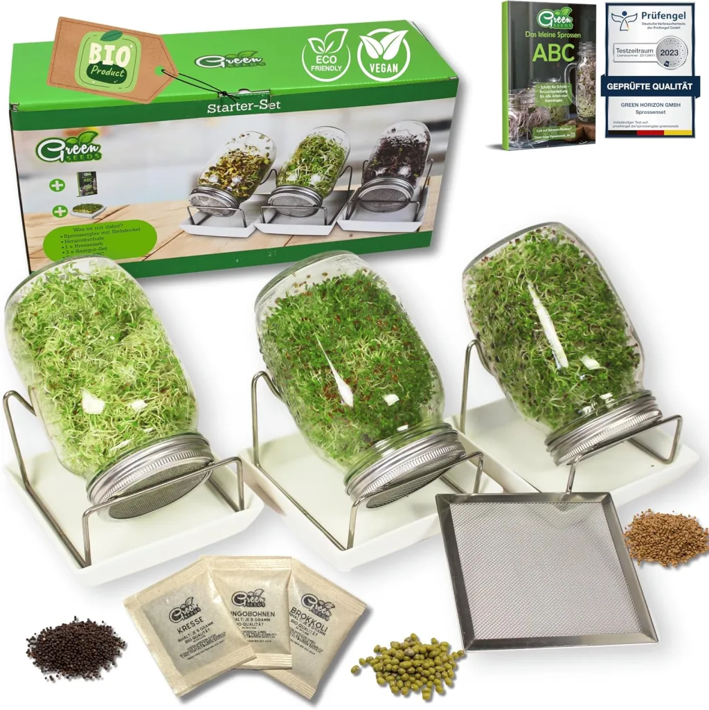 [Das Original Sprossenglas 3er Set + KRESSESIEB | 1000ml mit hochwertigem Edelstahl-Gitterdeckel, Ständer, Keramikschale + Sprossen-ABC [Druckversion] Keimglas Anzuchtschale Kresseschale