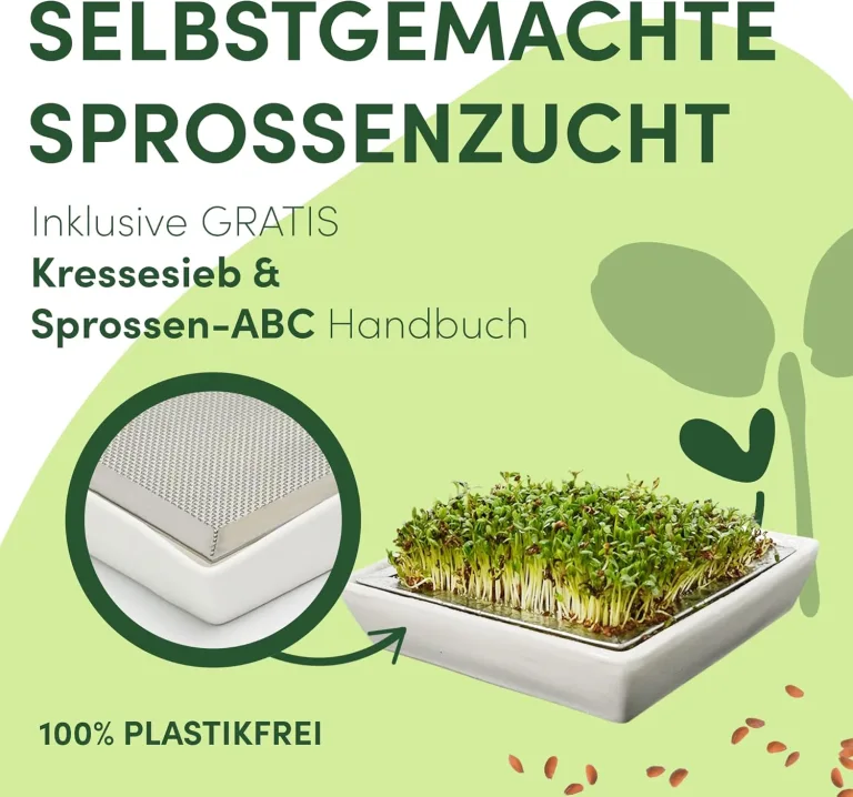 [Das Original Sprossenglas 3er Set + KRESSESIEB | 1000ml mit hochwertigem Edelstahl-Gitterdeckel, Ständer, Keramikschale + Sprossen-ABC [Druckversion] Keimglas Anzuchtschale Kresseschale – Bild 2