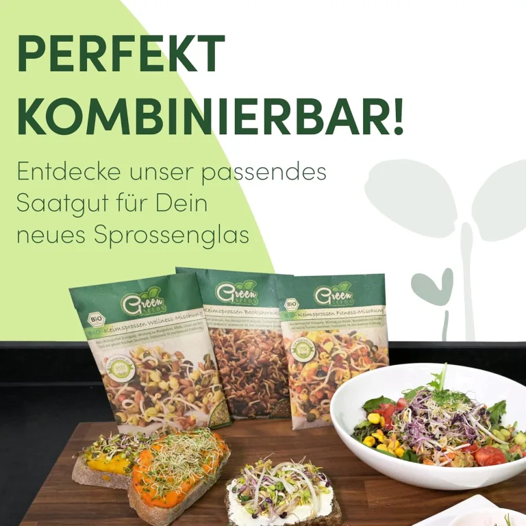 [Das Original Sprossenglas 2er Set + KRESSESIEB + 3 x Saatgut-Set mit hochwertigem Edelstahl-Gitterdeckel, Ständer, Keramikschale + Sprossen-ABC [Druckversion] Keimglas Anzuchtset – Bild 7