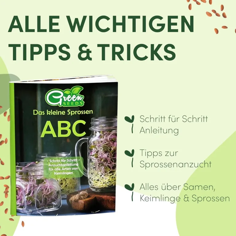 [Das Original Sprossenglas 2er Set + KRESSESIEB + 3 x Saatgut-Set mit hochwertigem Edelstahl-Gitterdeckel, Ständer, Keramikschale + Sprossen-ABC [Druckversion] Keimglas Anzuchtset – Bild 3