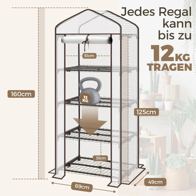 Sekey Mini Tomatengewächshaus mit 4 Regalböden, Folie Gewächshaus Klein Tomatenhaus Balkon Garten, Kleines Foliengewächshaus Stabil 160*70*50 cm, Weiß – Bild 8