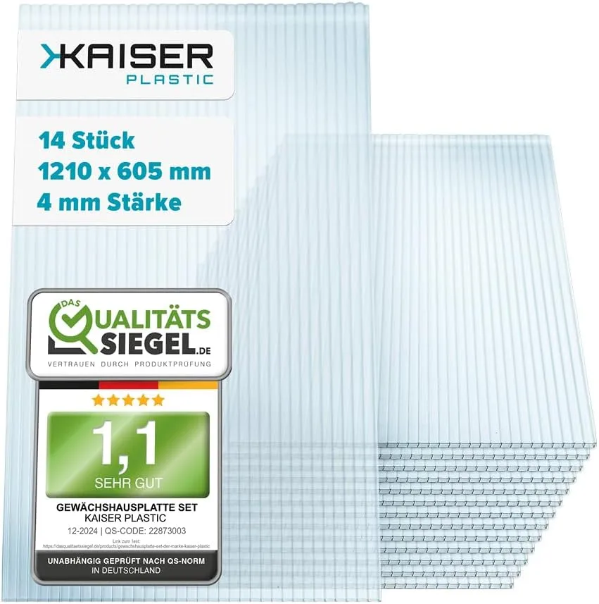 KAISER plastic® Xtra Strong | 14er Set Gewächshausplatten | Stärke 4mm | 1210 x 605 mm | Polycarbonat (PC) | 10,25 m2 | Gewicht: 700g/m2 | Hohlkammerplatte - Doppelstegplatte