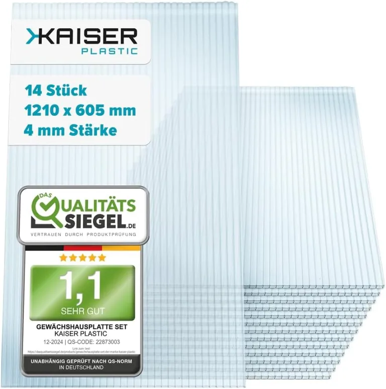 KAISER plastic® Xtra Strong | 14er Set Gewächshausplatten | Stärke 4mm | 1210 x 605 mm | Polycarbonat (PC) | 10,25 m2 | Gewicht: 700g/m2 | Hohlkammerplatte - Doppelstegplatte – Bild 1