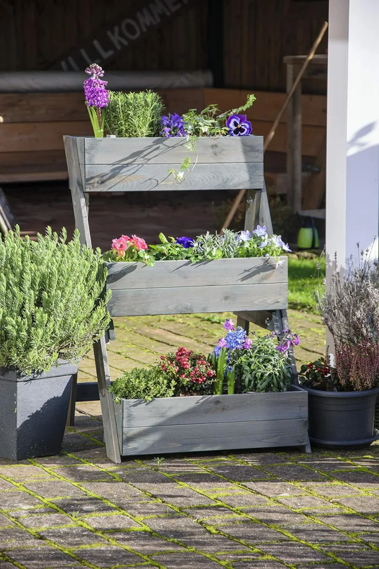 dobar® Dreistufige Pflanztreppe Outdoor aus Massiv-Holz für Balkon und Garten - Blumenbeet mit 3 Pflanzkästen wetterfest lasiert für draußen - 60 x 70 x 90 cm - Anthrazit – Bild 11