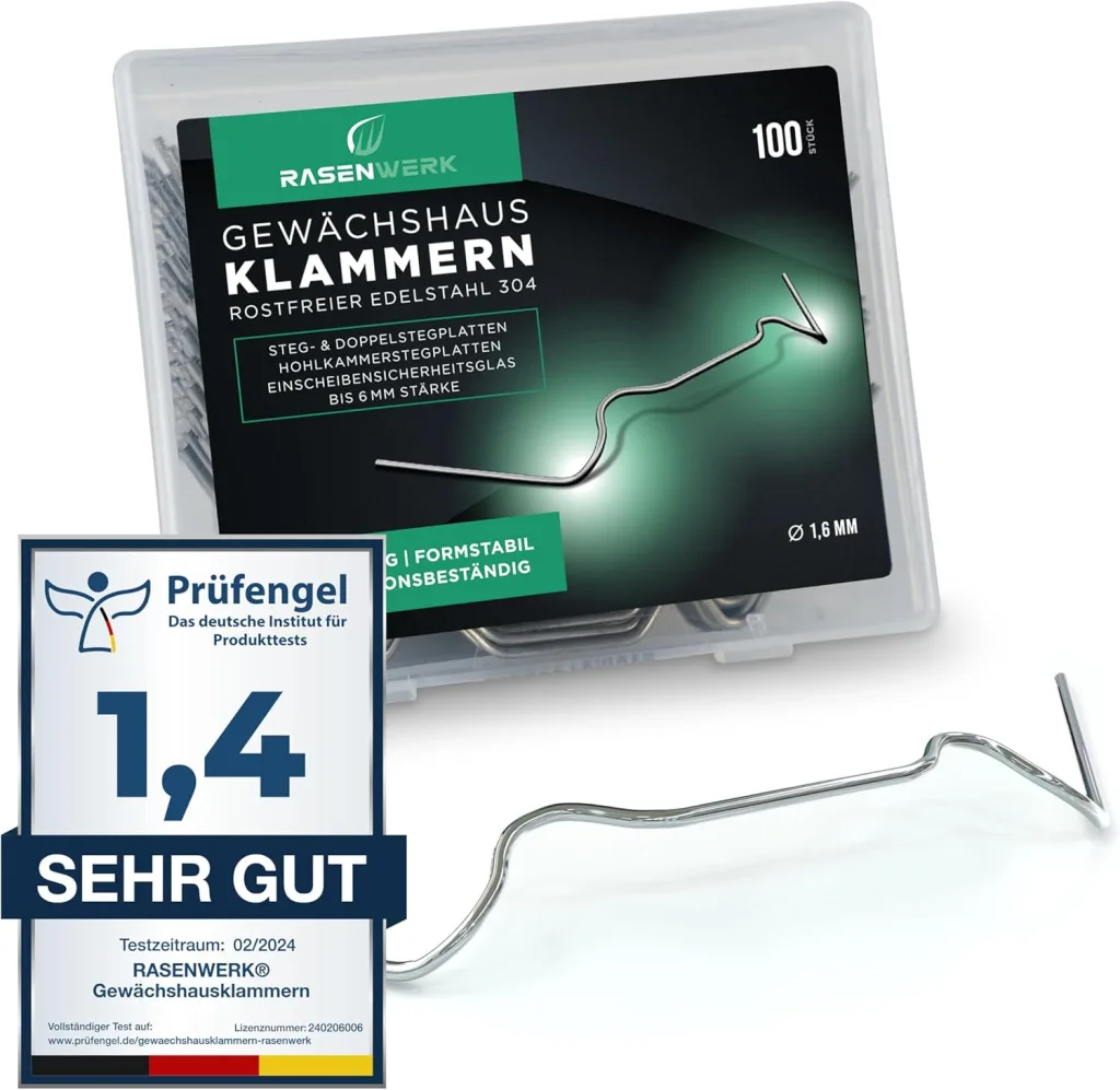 Gewächshausklammern aus 304 Edelstahl (rostfrei) - 100 Stück - Gewächshausklemmen mit hoher Spannkraft - Montageklammern für Glashaus – Gewächshaus Zubehör - 95 x 40 mm - 1,6 mm Dicke