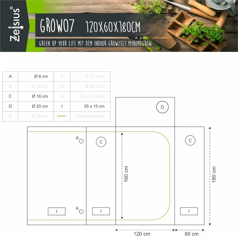 Zelsius Growzelt MyHomeGrow Grow Tent | Indoor Growroom | Growschrank Darkroom Pflanzenzelt Gewächshaus Zuchtzelt (120 x 60 x 180 cm, Grau) – Bild 2