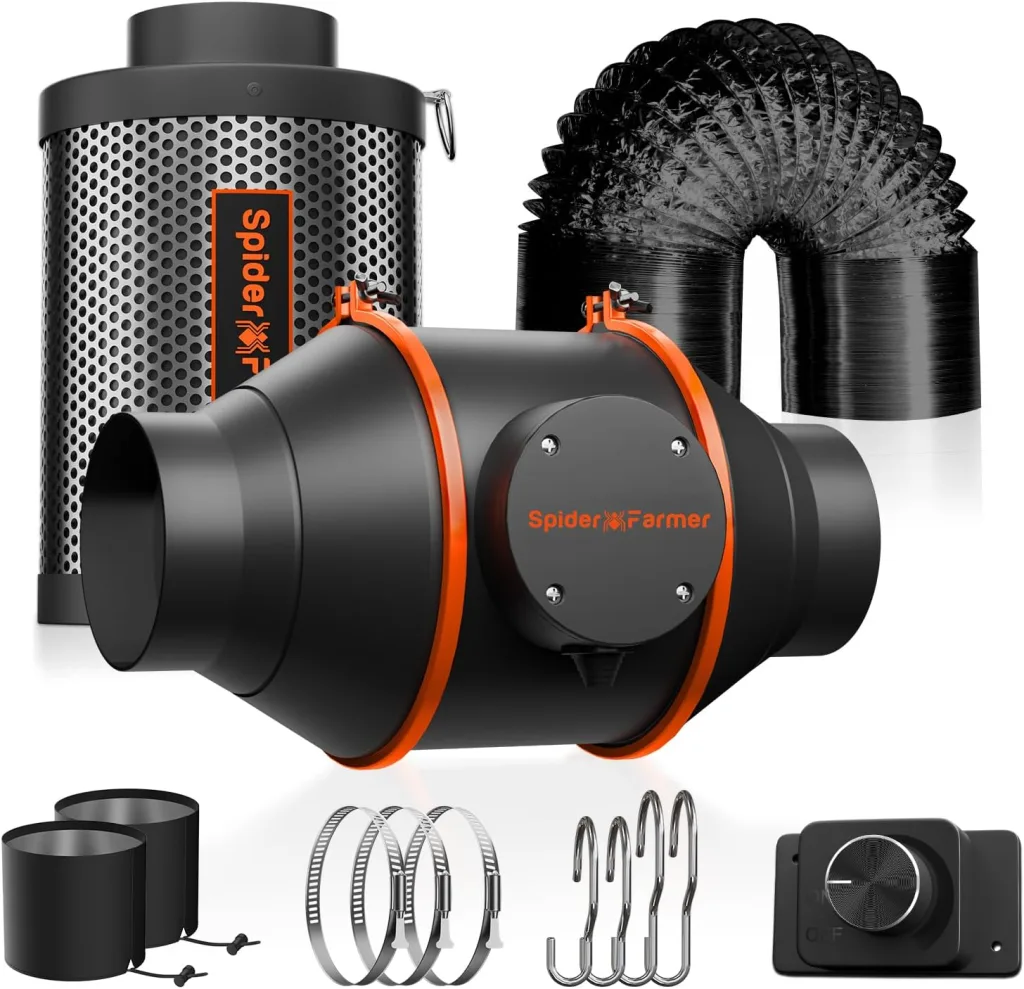 Spider Farmer Rohrventilator 100mm/4 Inch Abluftset mit RJ12 Drehzahlregler, Aktivkohlefilter Abluft Lüftungsset Kohlefilter, 27W Grow Lüfterset, 205 CFM Belüftungssystem für Growzelt, Growbox, Garage