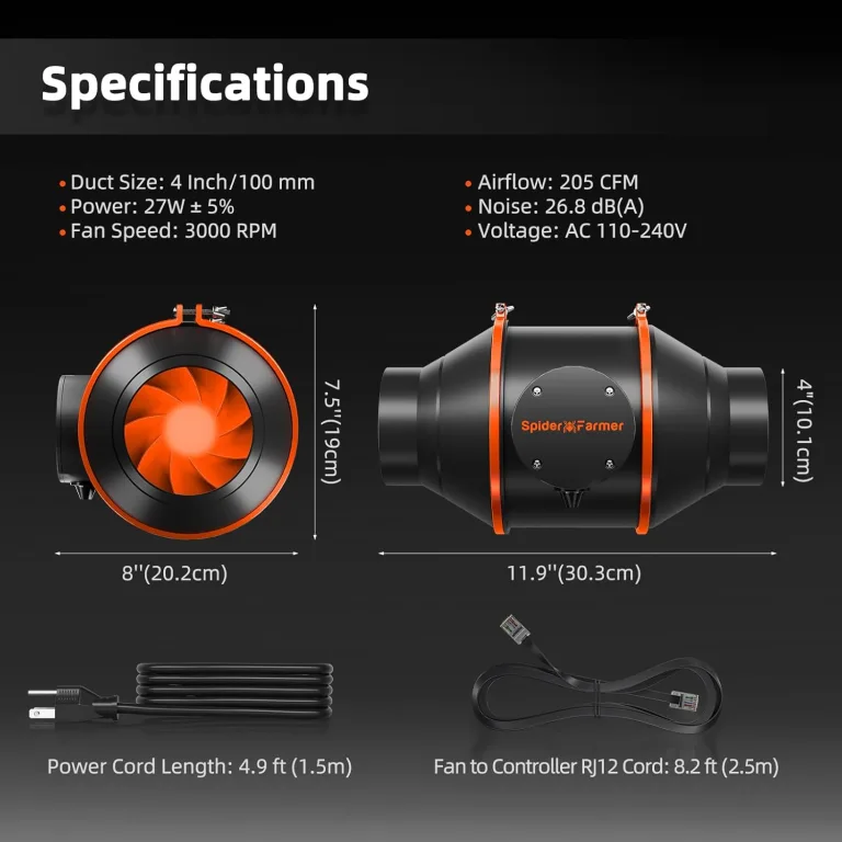 Spider Farmer Rohrventilator 100mm/4 Inch Abluftset mit RJ12 Drehzahlregler, Aktivkohlefilter Abluft Lüftungsset Kohlefilter, 27W Grow Lüfterset, 205 CFM Belüftungssystem für Growzelt, Growbox, Garage – Bild 8