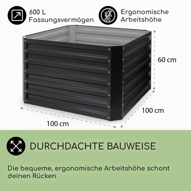 blumfeldt Hochbeet High Grow Straight Material: verzinkter Stahl. Durchmesser: 0,6 mm. Rostschutz. 4x Aluminium Schutzleisten. Maße: 100 x 60 x 100 cm. Volumen: 600 l. Anthrazit. – Bild 5