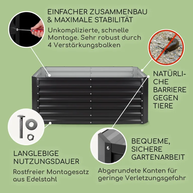 blumfeldt Hochbeet High Grow Straight Material: verzinkter Stahl. Durchmesser: 0,6 mm. Rostschutz. 4x Aluminium Schutzleisten. Maße: 200 x 60 x 100 cm. Volumen: 1200 l. Anthrazit. – Bild 3