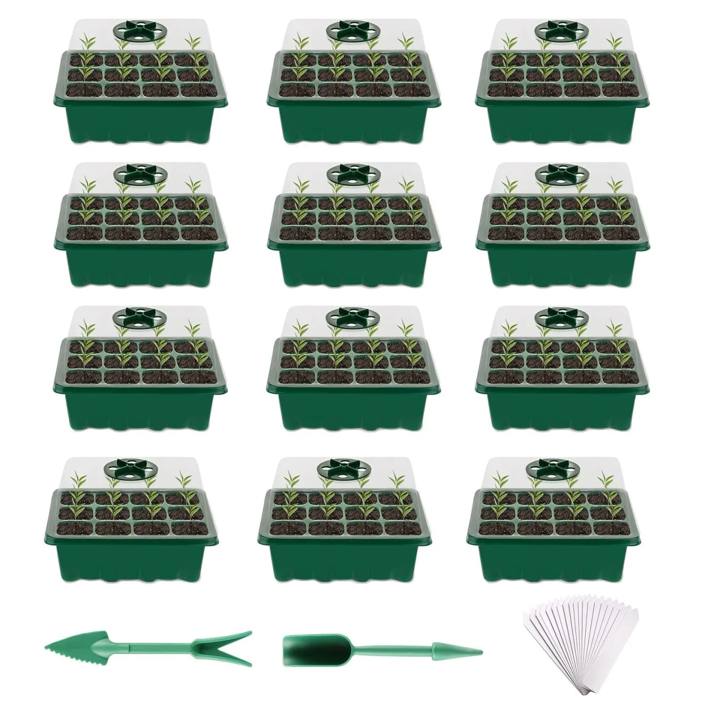 Anzuchtkasten Set, 12 Stück 144 Zellen, Mini Gewächshaus mit Deckel & Belüftung, 3,7 x 3,7 x 5,5 cm, für Sämling Pflanze, Kräuter, Gemüse & Blumen, mit 20 Pflanzetiketten, Locher & Pikierhilfe - Bild 1
