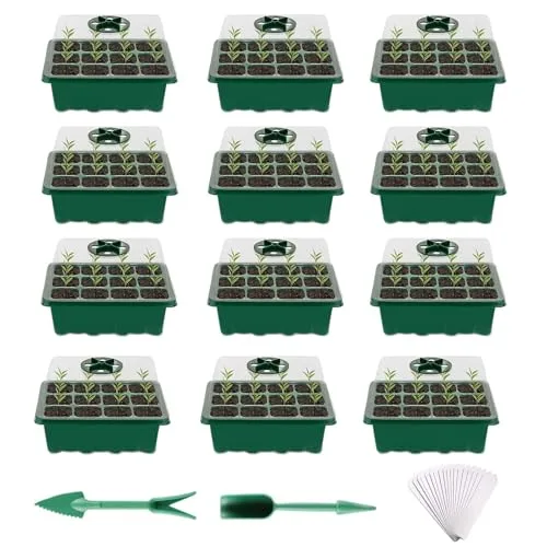 Anzuchtkasten Set, 12 Stück 144 Zellen, Mini Gewächshaus mit Deckel & Belüftung, 3,7 x 3,7 x 5,5 cm, für Sämling Pflanze, Kräuter, Gemüse & Blumen, mit 20 Pflanzetiketten, Locher & Pikierhilfe – Bild 8