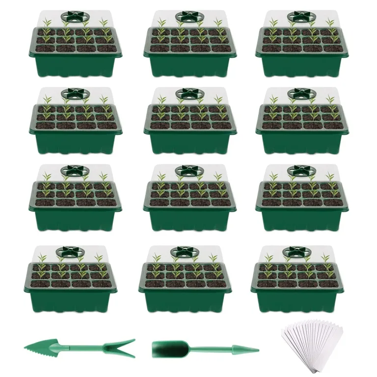 Anzuchtkasten Set, 12 Stück 144 Zellen, Mini Gewächshaus mit Deckel & Belüftung, 3,7 x 3,7 x 5,5 cm, für Sämling Pflanze, Kräuter, Gemüse & Blumen, mit 20 Pflanzetiketten, Locher & Pikierhilfe – Bild 1