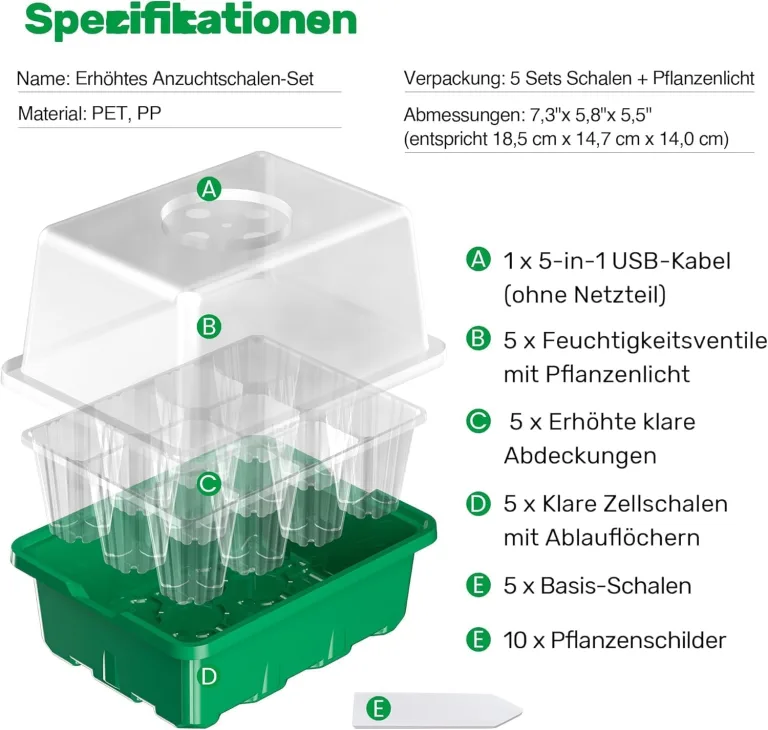 Bonviee Mini Gewächshaus Anzucht, 5 Stück Zimmergewächshaus Anzuchtkasten mit Licht, Treibhaus Anzuchtschale mit Hoher Deckel, Setzling Starter Tabletts,Anzuchtset,für Sämling Pflanze, Grün – Bild 5