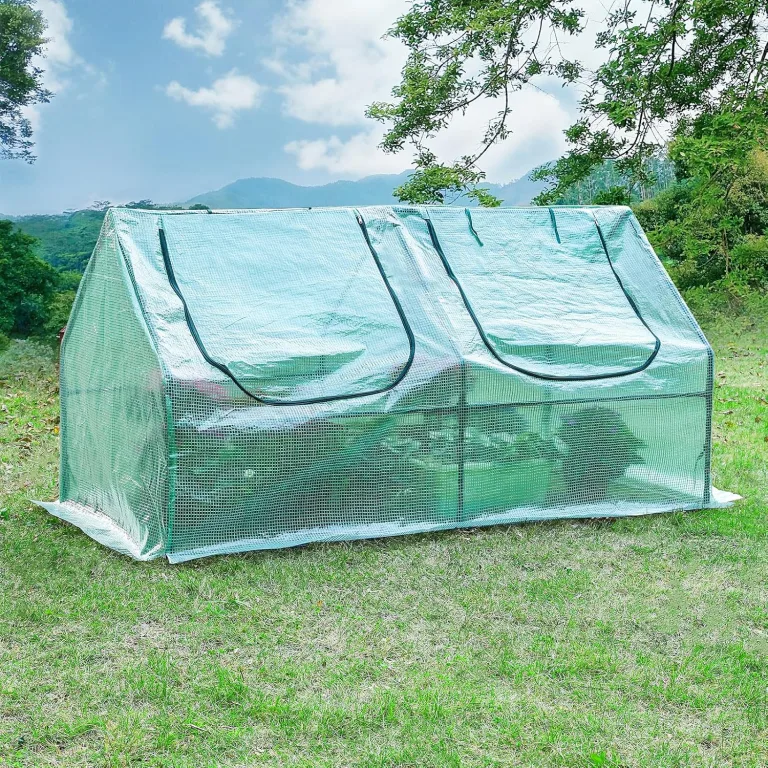 Yorbay Foliengewächshaus Frühbeet Gewächshaus für Tomaten Gemüse Pflanzen, mit UV-beständige Gitternetzfolie und Fernster für Garten zur Aufzucht, Spitzdach, niedrig, Grün, 120 x 60 x 60cm (LxBxH) – Bild 9