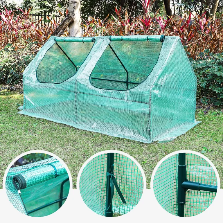 Yorbay Foliengewächshaus Frühbeet Gewächshaus für Tomaten Gemüse Pflanzen, mit UV-beständige Gitternetzfolie und Fernster für Garten zur Aufzucht, Spitzdach, niedrig, Grün, 180 x 90 x 90cm (LxBxH) – Bild 5
