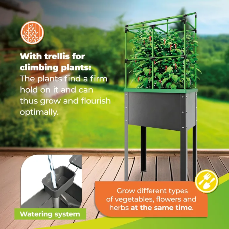 Bio Green Metall-Hochbeet City Jungle Heidelberg für Innen und Außen | Bewässerungssystem und Rankgitter integriert | Pflanzkübel für Gemüse, Kräuter und Blumen | B 62 x T 32 x H 160 cm – Bild 6