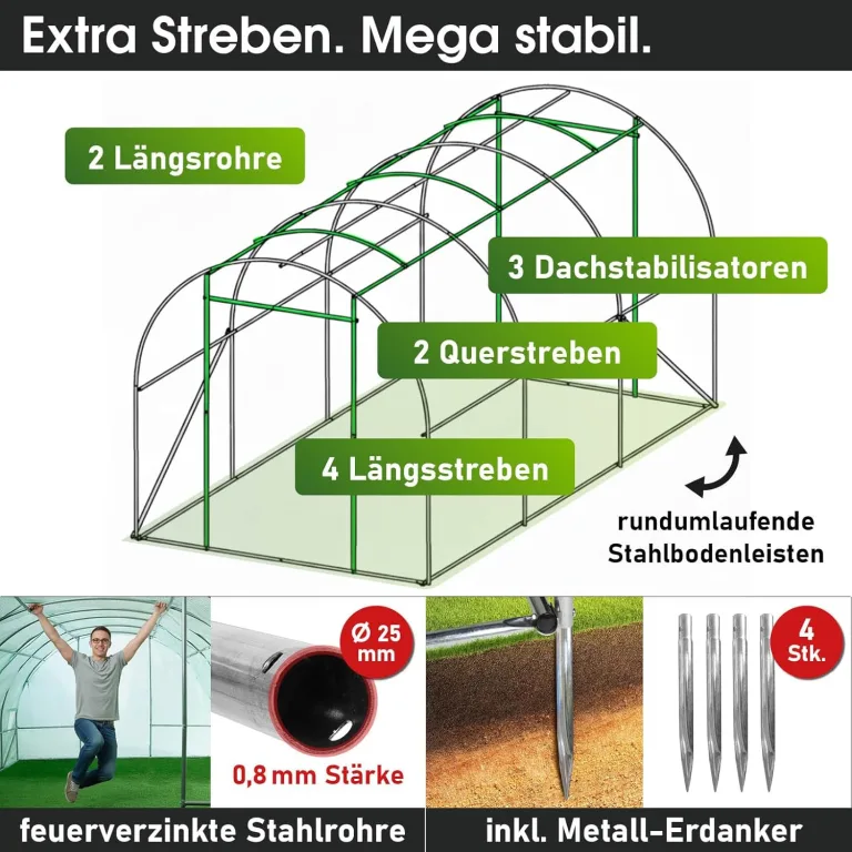 BRAST Gewächshaus Foliengewächshaus mit Stahlfundament | 2x3m - 3x8m | inkl. Erdanker Unkrautvlies & aufrollbare Seitenwände mit Moskitonetz | UV-stabilisierte Gitterschutzfolie 200g/m² | 200x300cm – Bild 4