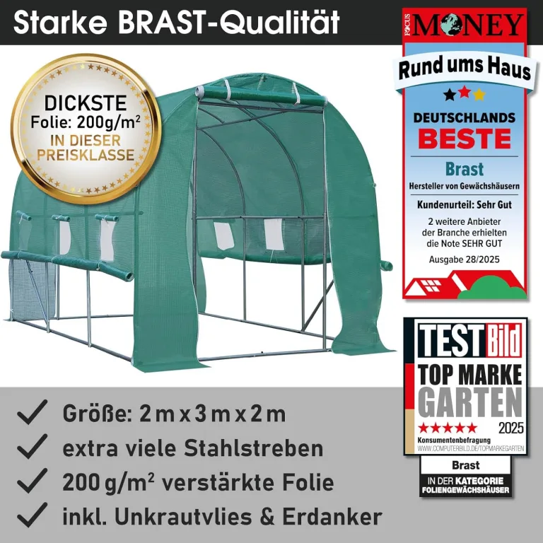 BRAST Gewächshaus Foliengewächshaus mit Stahlfundament | 2x3m - 3x8m | inkl. Erdanker Unkrautvlies & aufrollbare Seitenwände mit Moskitonetz | UV-stabilisierte Gitterschutzfolie 200g/m² | 200x300cm – Bild 7